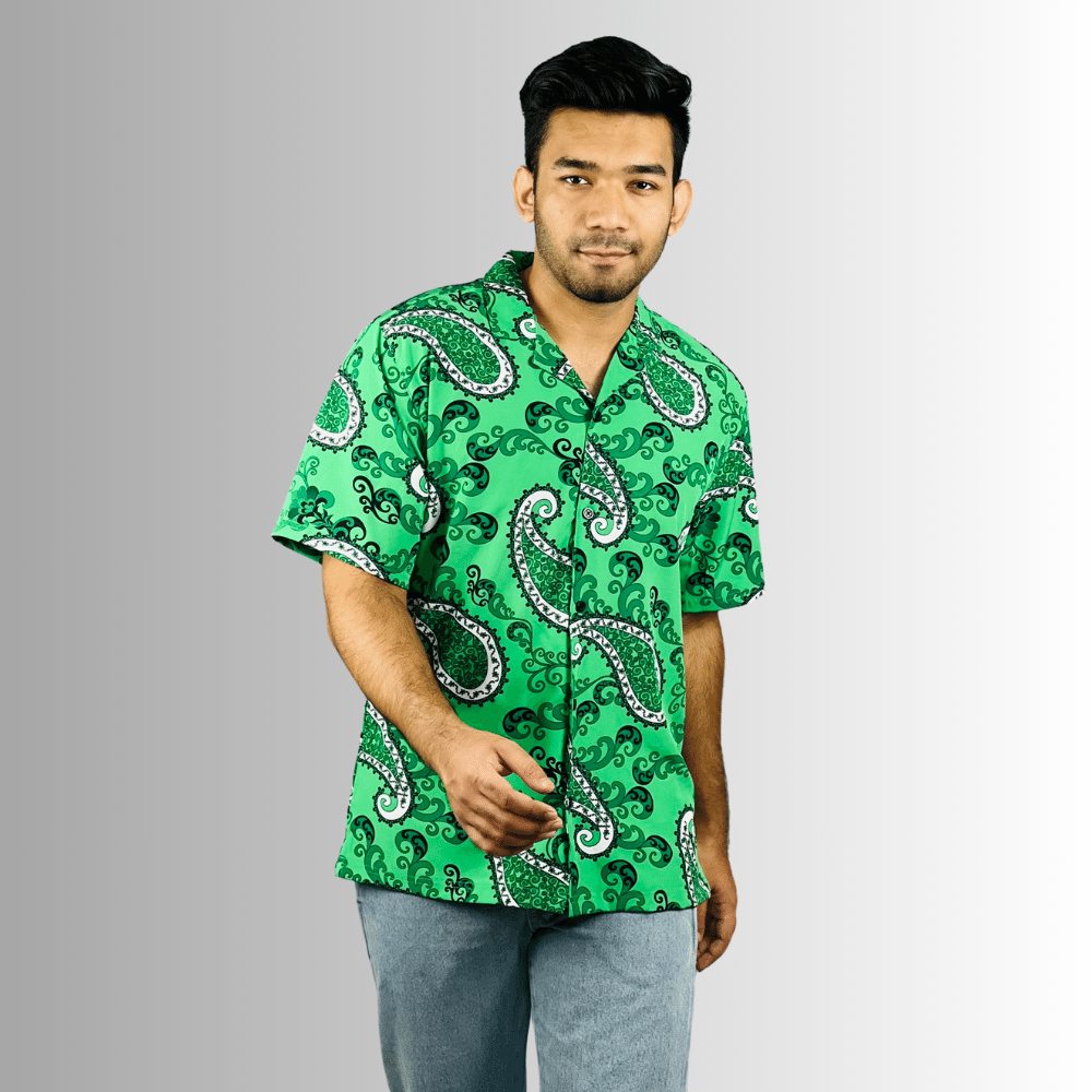 Island Breeze Green: Signature Half-Sleeve Hawaii Shirt with Printed Design