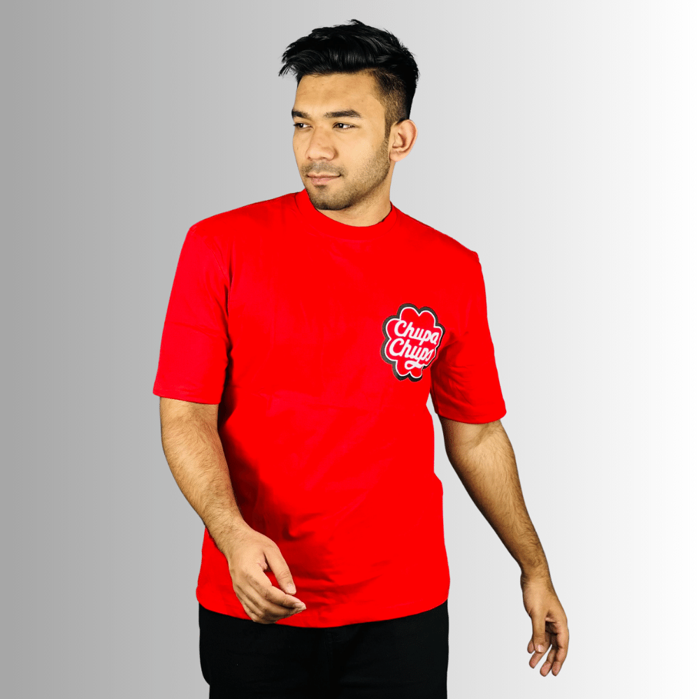 Stunner Crimson Splash: Exclusive Double-Sided Print Drop Shoulder T-Shirt in Radiant Red - Elevate Your Style