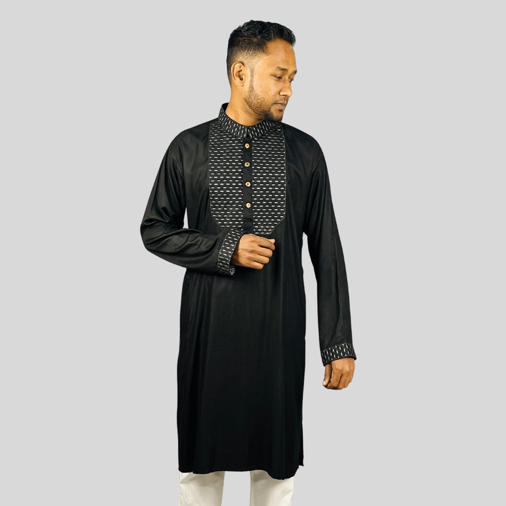 Midnight Elegance: Exclusive Black Panjabi with Intricate Embroidery - Eid-ul-Adha Special