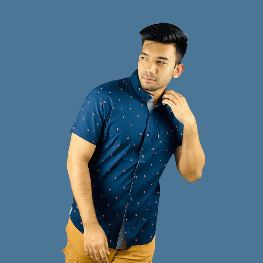 Stunner Mart's Sunset Aviary: Exclusive Navy Blue and Orange Bird-Printed Cotton Shirt