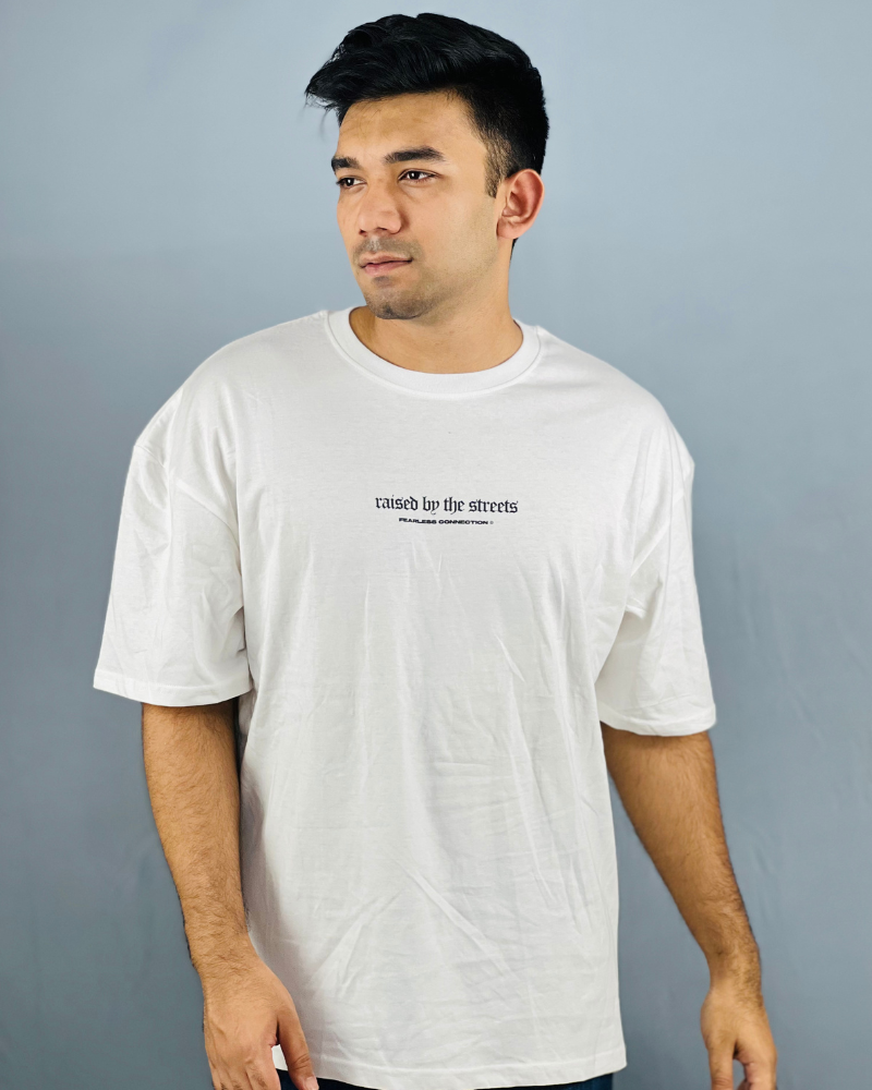 "White Drop Shoulder Cotton T-Shirt with Printed Design"