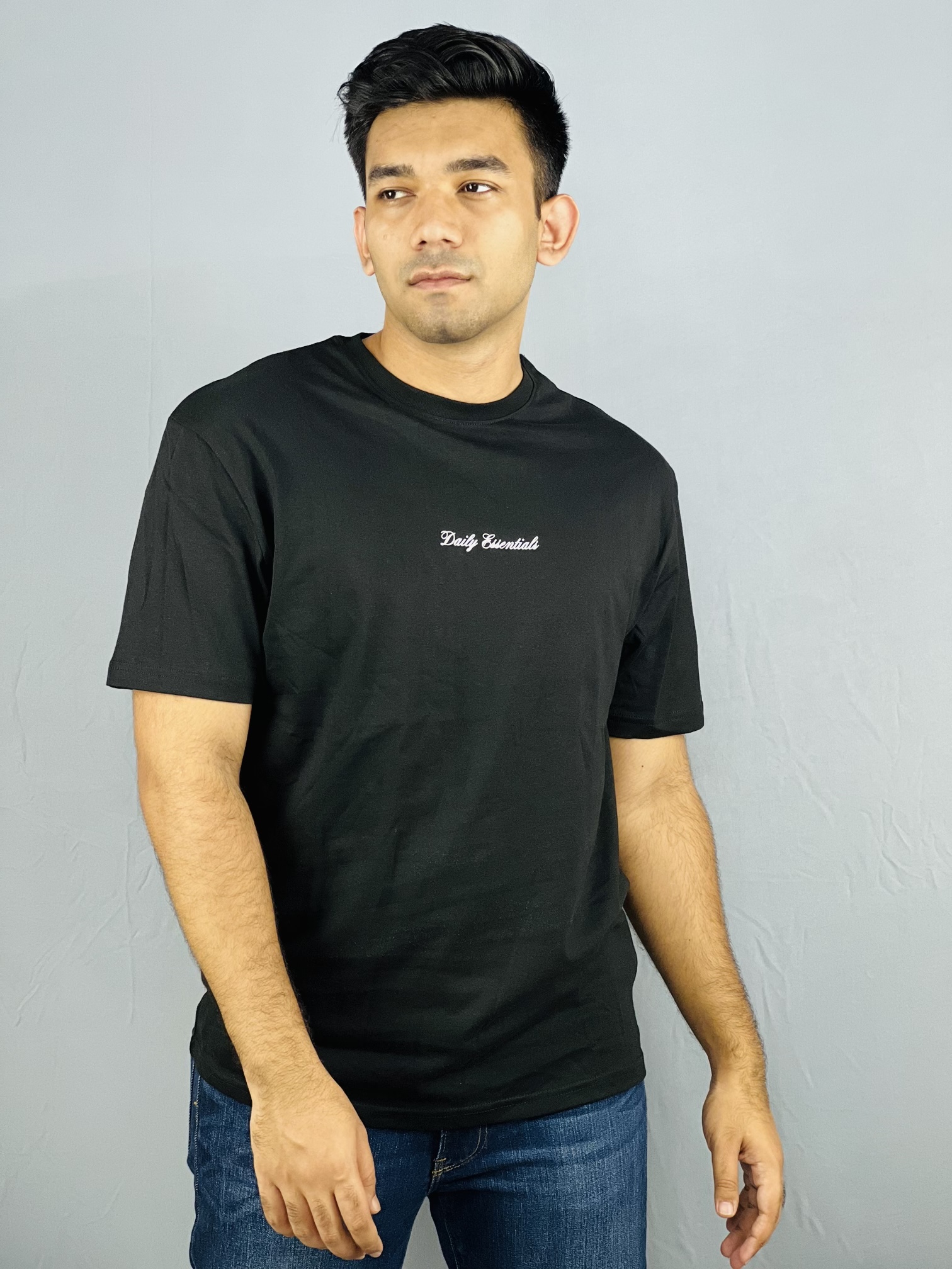 "Black Drop Shoulder Cotton T-Shirt with Printed Design"