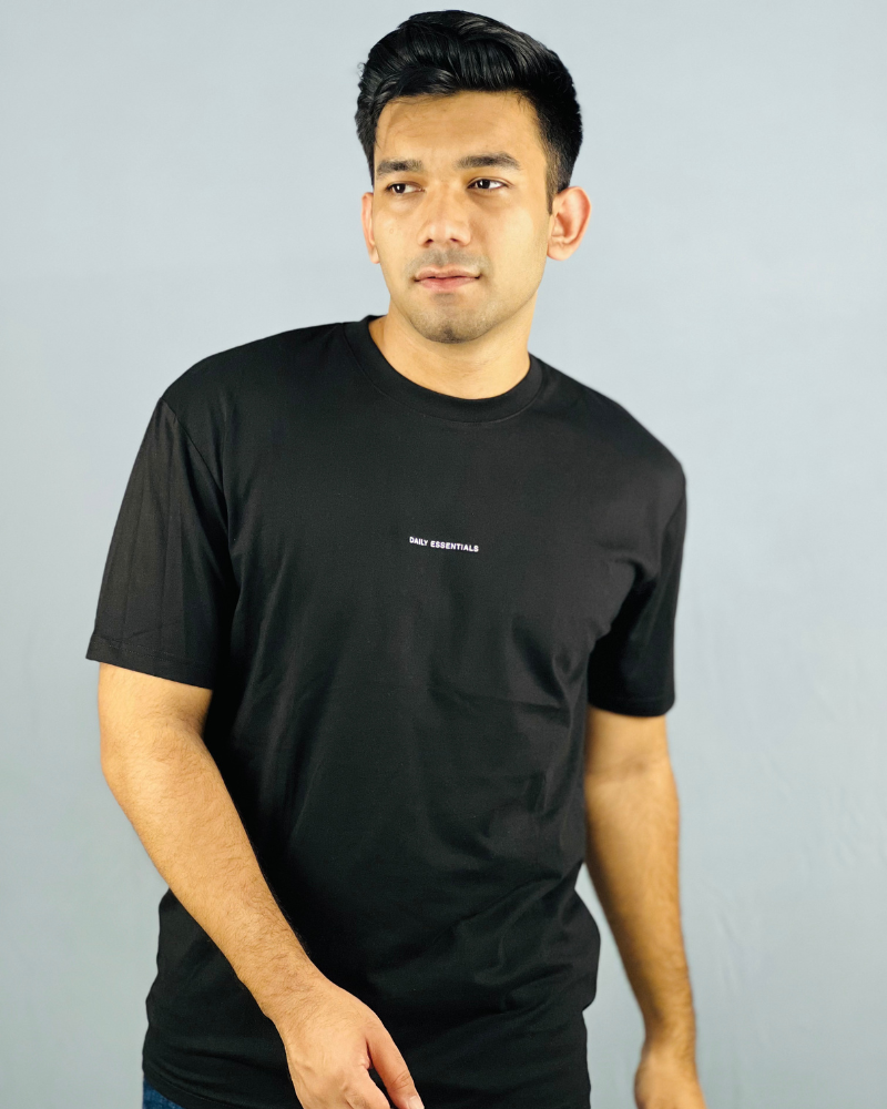 "Black Drop Shoulder Cotton T-Shirt with Printed Design"