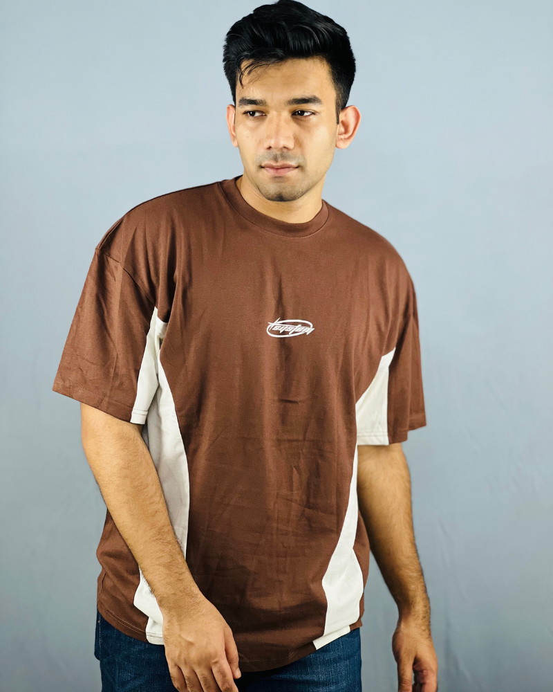 "Chocolate Drop Shoulder Cotton T-Shirt with Printed Design"