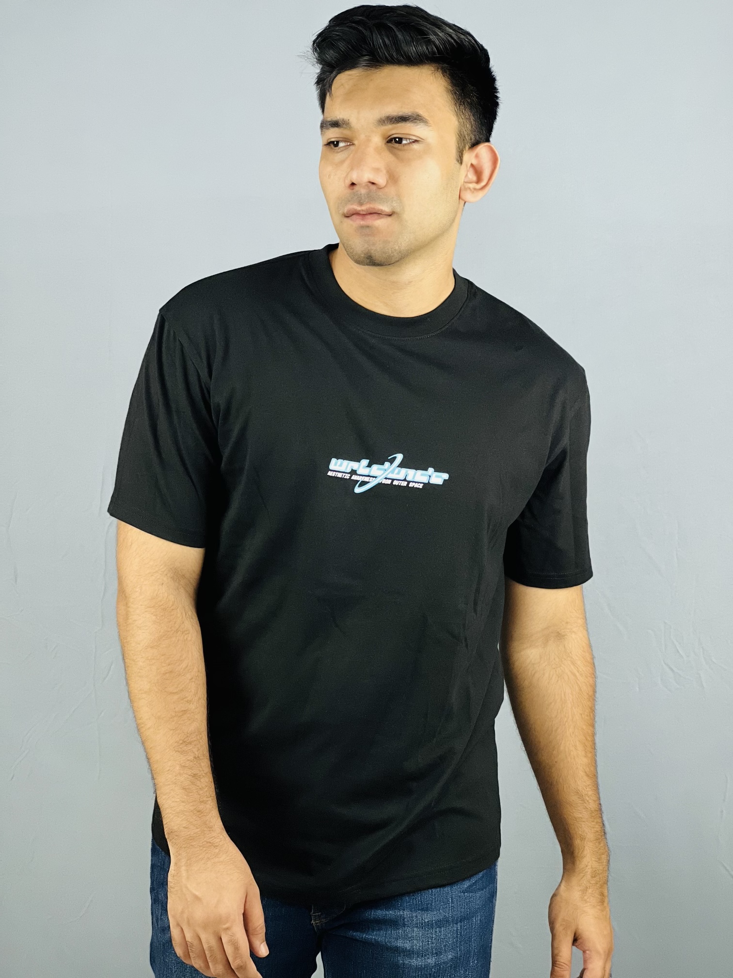"Midnight Charm: Black Drop Shoulder Cotton T-Shirt with Printed Design"