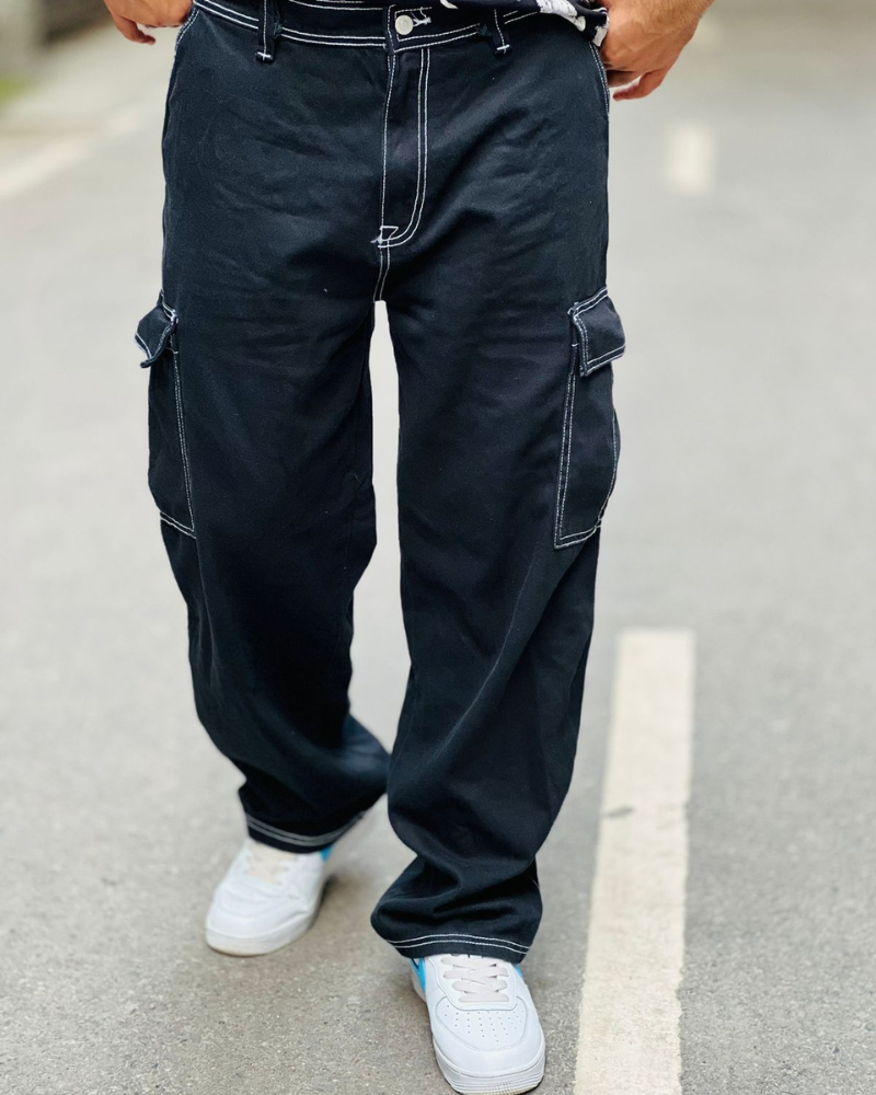 Black Cargo Baggy Pants with White Stitching