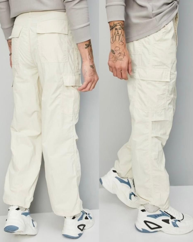 "6-Pocket Baggy Cargo Pants in Off-White Color Parachute Fabric"