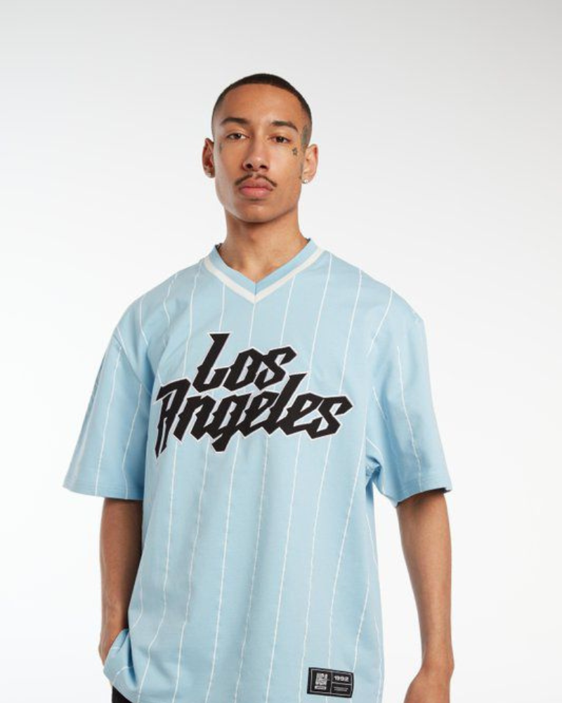 Light Blue Los Angeles Pinstripe cotton Jersey - V-Neck Casual T Shirt