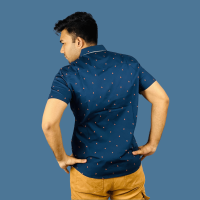 Stunner Mart's Sunset Aviary: Exclusive Navy Blue and Orange Bird-Printed Cotton Shirt