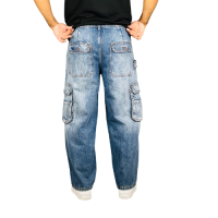 "Urban Classic: Blue Denim 6-Pocket Baggy Cargo Pants - Style and Function Combined"