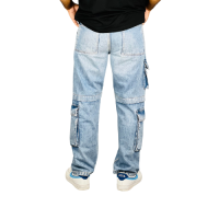 "Urban Chic: Light Blue Denim 8-Pocket Baggy Cargo Pants - Style and Function Combined"