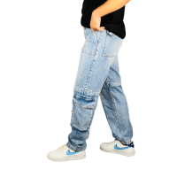"Urban Chic: Light Blue Denim 8-Pocket Baggy Cargo Pants - Style and Function Combined"