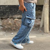 Exclusive Light Washed Blue Baggy Fitted Denim Cargo Pants