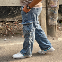 Exclusive Light Washed Blue Baggy Fitted Denim Cargo Pants