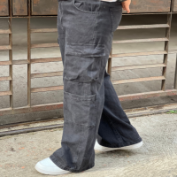 "Men's 8-Pocket Black Wash Baggy Denim Cargo Pants"