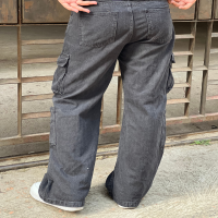 "Men's 8-Pocket Black Wash Baggy Denim Cargo Pants"