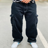 Black Cargo Baggy Pants with White Stitching