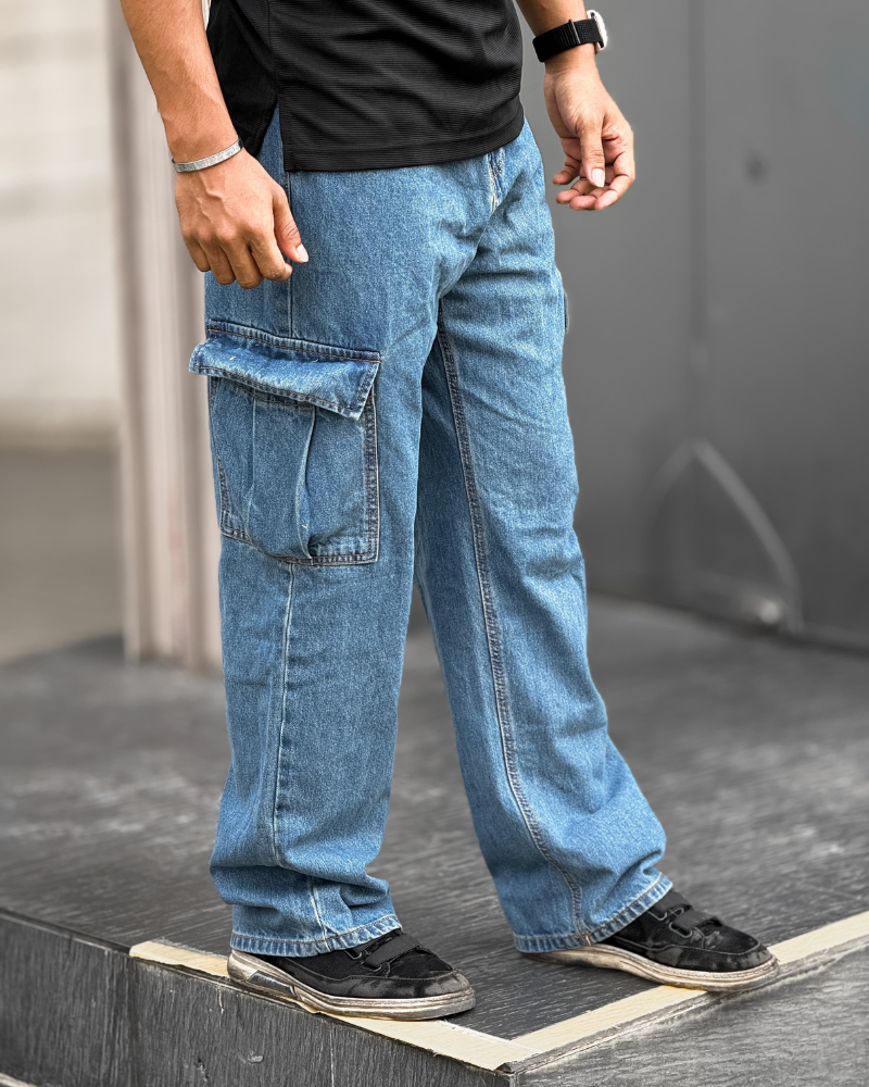 Light Blue 6-Pocket Denim Baggy Pants, STUNNER  MART