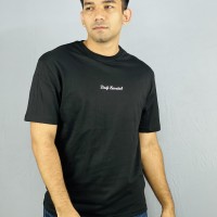 "Black Drop Shoulder Cotton T-Shirt with Printed Design"