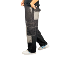 "Urban Edge: Black & Ash 6-Pocket Denim Baggy Cargo Pants"