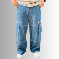 Exclusive Blue Baggy Fitted Denim Cargo Pants